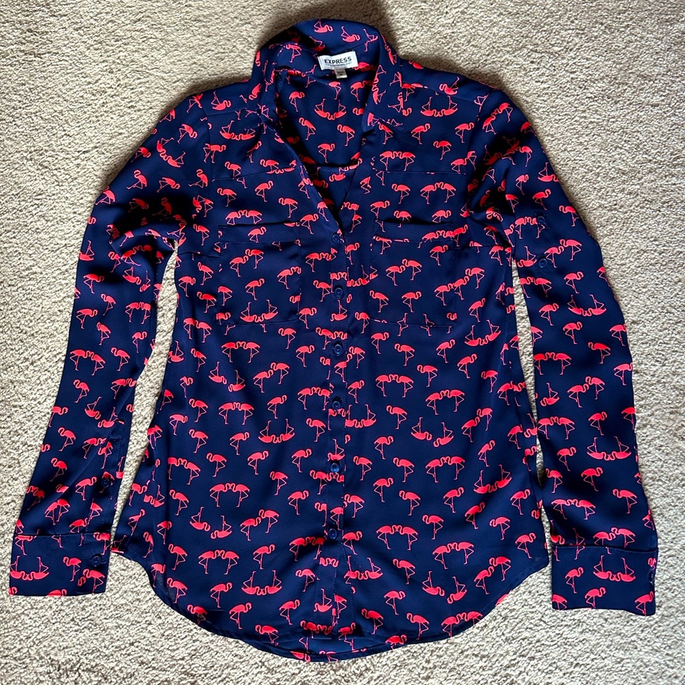 Express Portofino Button Down Blouse - Navy with Coral Flamingos